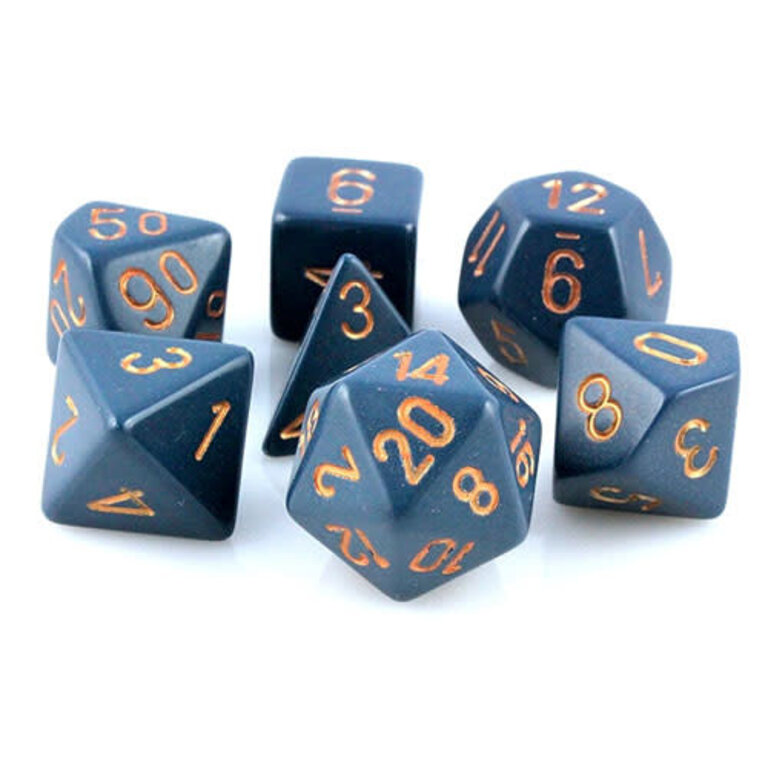 Chessex 7 dés polyédriques opaques bleu foncé avec chiffres cuivrés