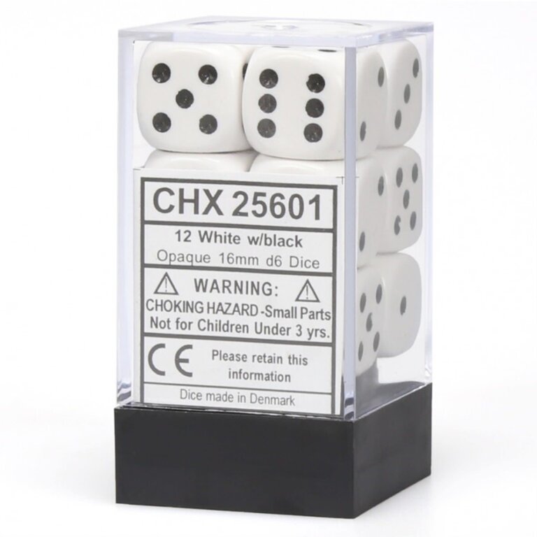 Chessex 12 dés 6 16mm opaques blanc avec points noirs