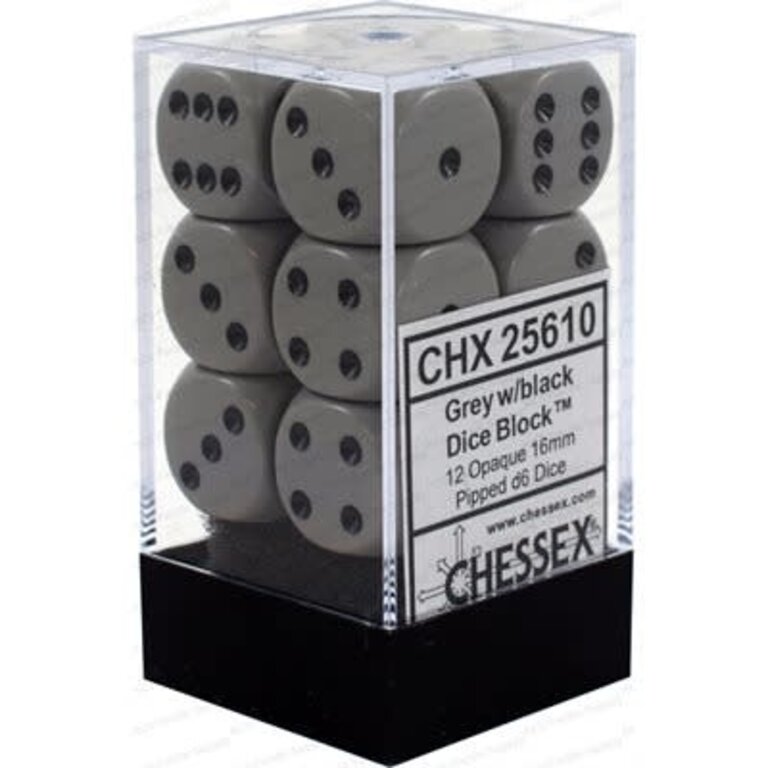 Chessex 12 dés 6 16mm opaques gris avec points noirs