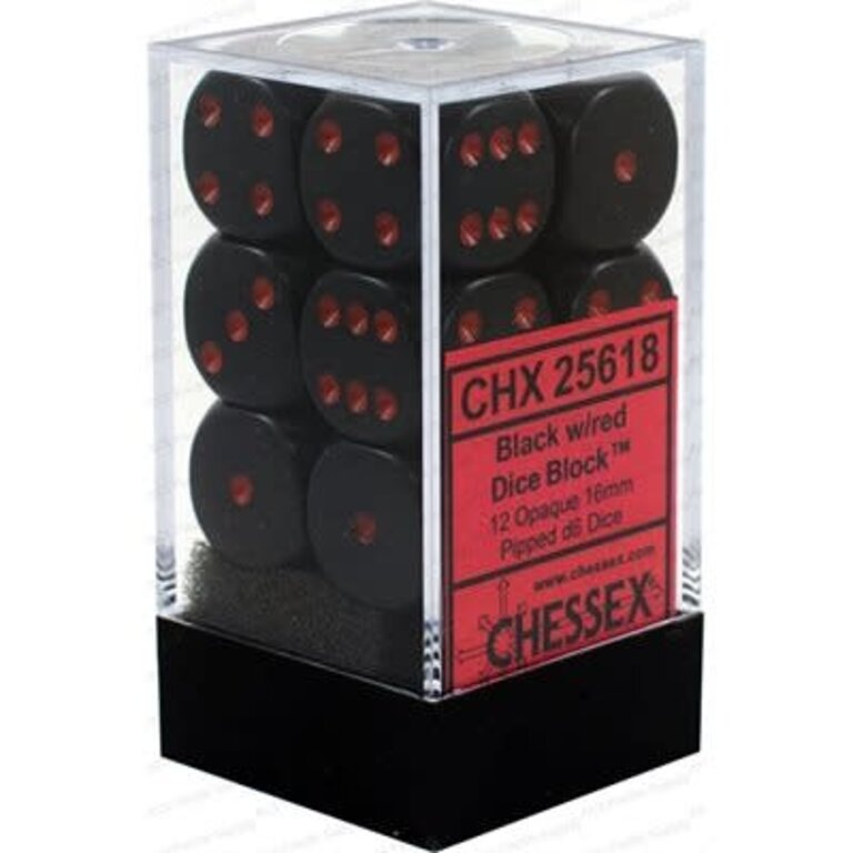 Chessex 12 dés 6 16mm opaques noir avec points rouges