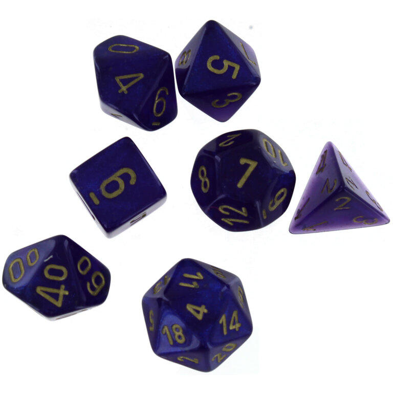 Chessex 7 dés polyédriques Borealis Luminary - Violet Royal avec chiffres dorés