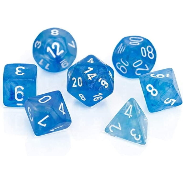 Chessex 7 dés polyédriques Borealis Luminary - Bleu Ciel avec chiffres blancs