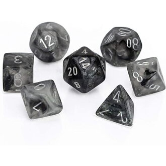 Chessex 7 dés polyédriques Borealis Luminary - Gris fumée avec chiffres argent