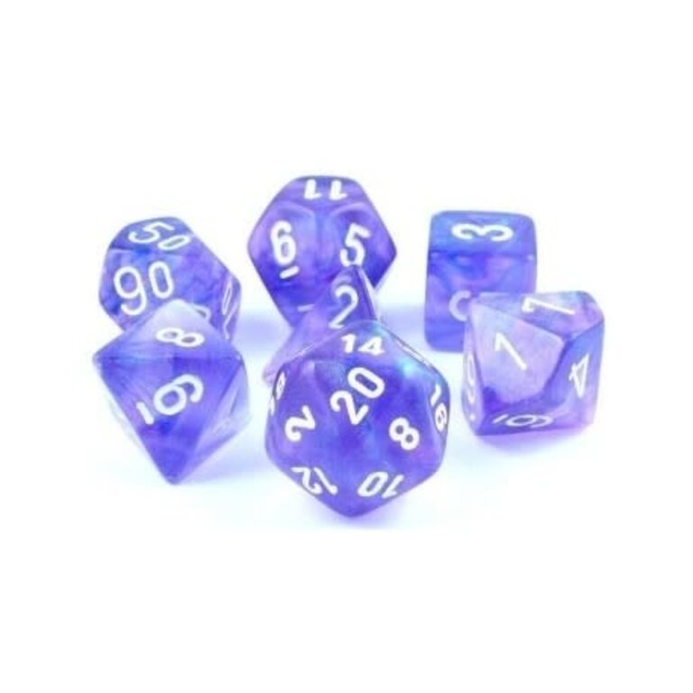 Chessex 7 dés polyédriques Borealis Luminary - Violet avec chiffres blancs