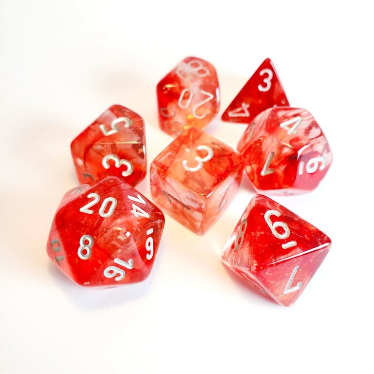 Chessex 7 dés polyédriques Nebula Luminary rouge avec chiffres argentés