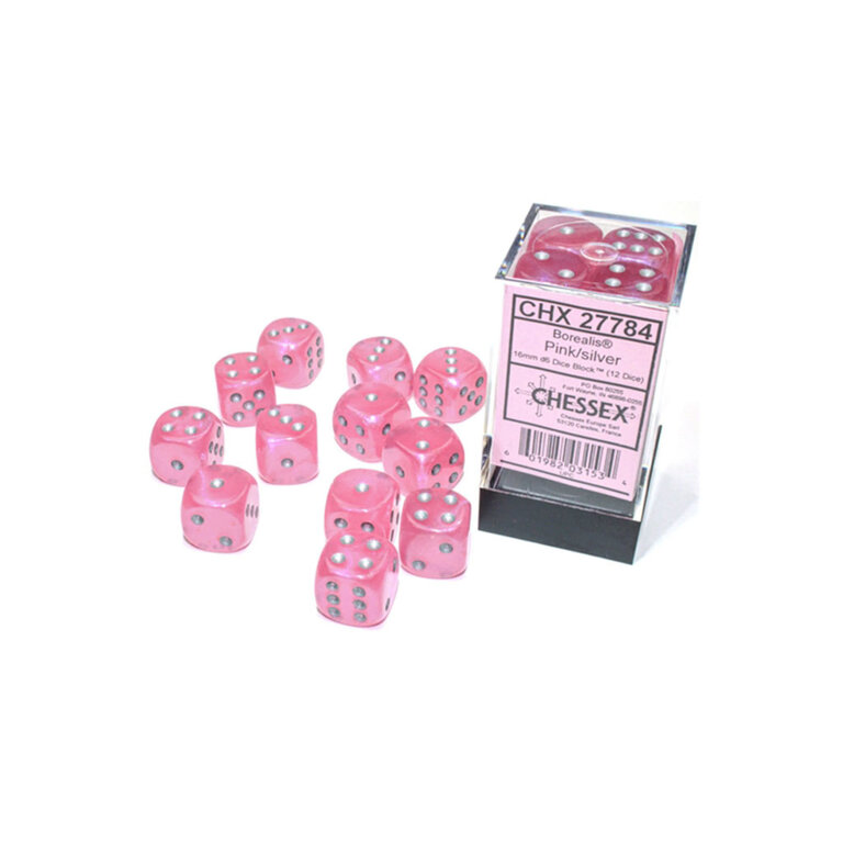 Chessex 12 dés 6 16mm Borealis Luminary - Rose avec picots argent