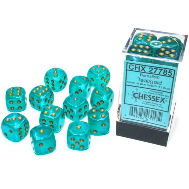 Chessex 12 dés 6 16mm Borealis Luminary - Sarcelle avec picots dorés