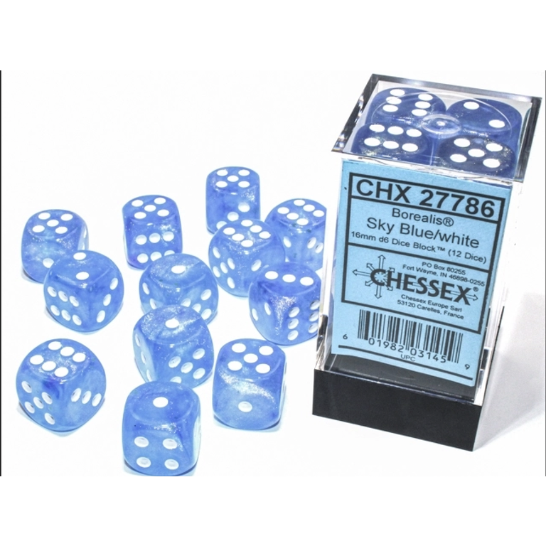 Chessex 12 dés 6 16mm Borealis Luminary - Bleu Ciel avec picots blancs