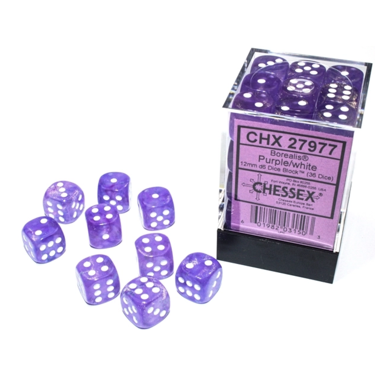 Chessex 36 dés 6 12mm Borealis Luminary - violet avec picots blancs