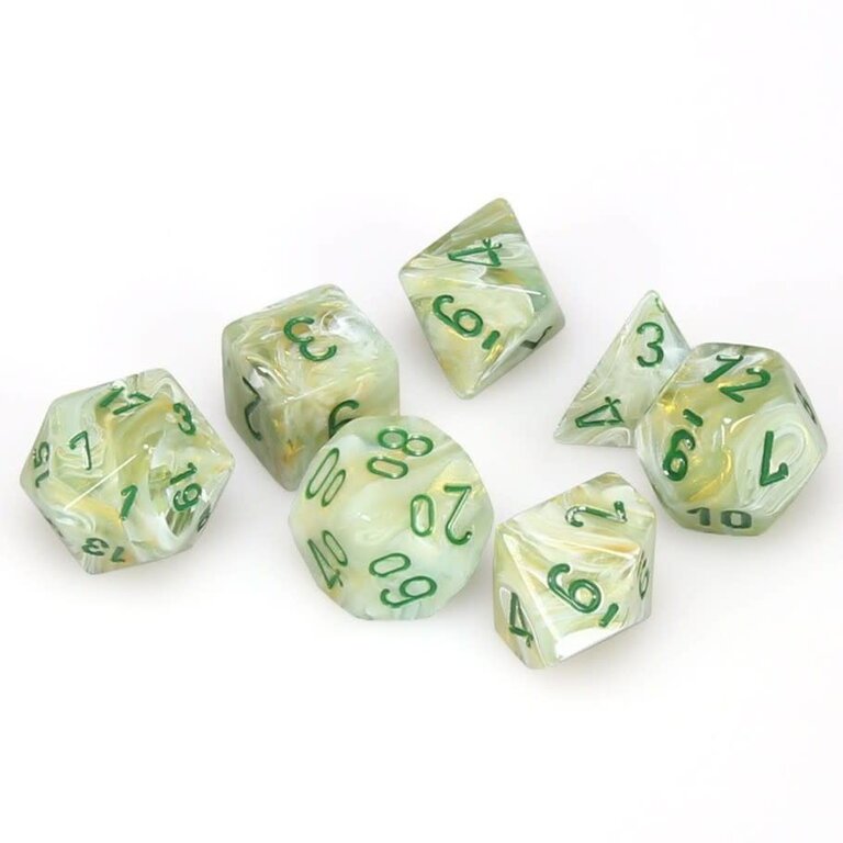 Chessex 7 dés polyédriques marbrés verts avec chiffres vert foncé