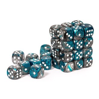 Chessex 36 dés 6 12mm Gemini acier/sarcelle avec points blancs