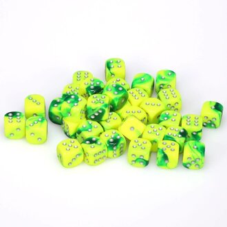 Chessex 36 dés 6 12mm Gemini vert/jaune avec points argentés