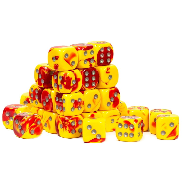 Chessex 36 dés 6 12mm Gemini rouge/jaune avec points argentés