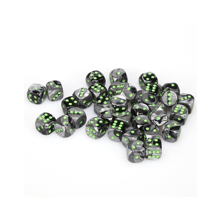 Chessex 36 dés 6 12mm Gemini noir/gris avec points verts