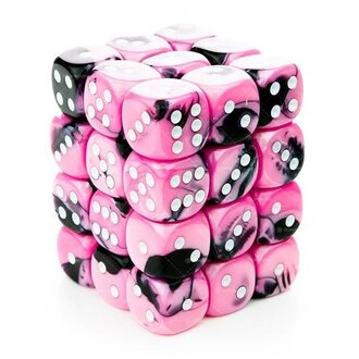Chessex 36 dés 6 12mm Gemini noir/rose avec points blancs