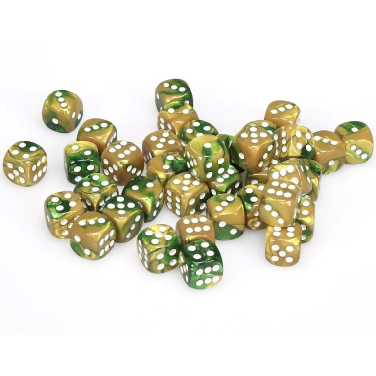 Chessex 36 dés 6 12mm Gemini or/vert avec points blancs