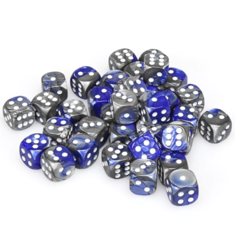 Chessex 36 dés 6 12mm Gemini bleu/acier avec points blancs