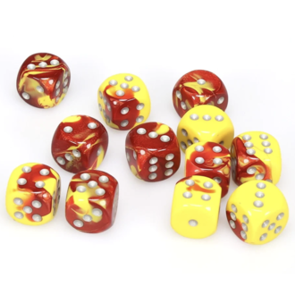 Chessex 12 dés 6 16mm Gemini rouge/jaune avec points argentés
