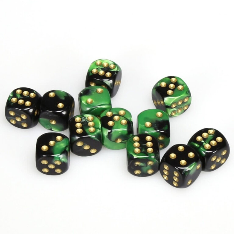 Chessex 12 dés 6 16mm Gemini noir/vert avec points dorés