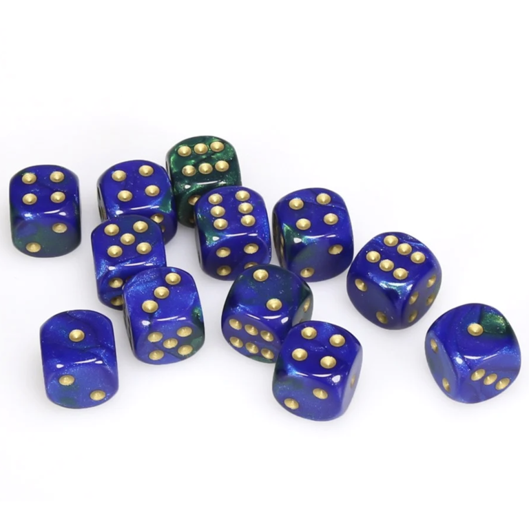 Chessex 12 dés 6 16mm Gemini bleu/vert avec points dorés