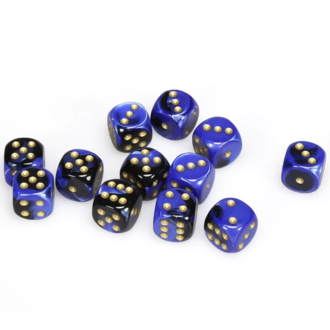 Chessex 12 dés 6 16mm Gemini noir/bleu avec points dorés
