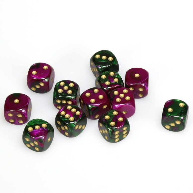 Chessex 12 dés 6 16mm Gemini vert/violet avec points dorés