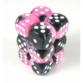 Chessex 12 dés 6 16mm Gemini noir/rose avec points blancs