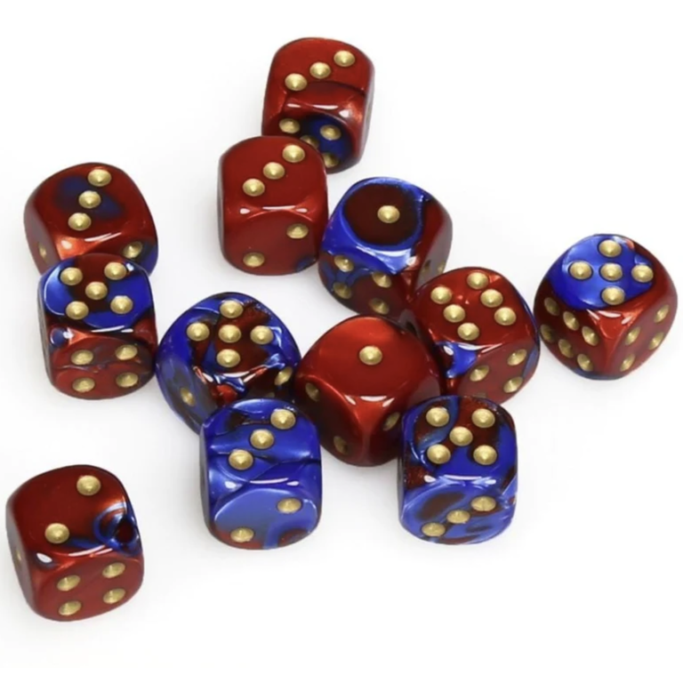 Chessex 12 dés 6 16mm Gemini bleu/rouge avec points dorés