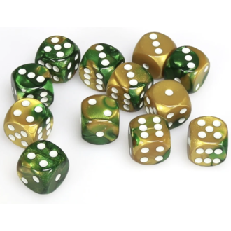 Chessex 12 dés 6 16mm Gemini or/vert avec points blancs