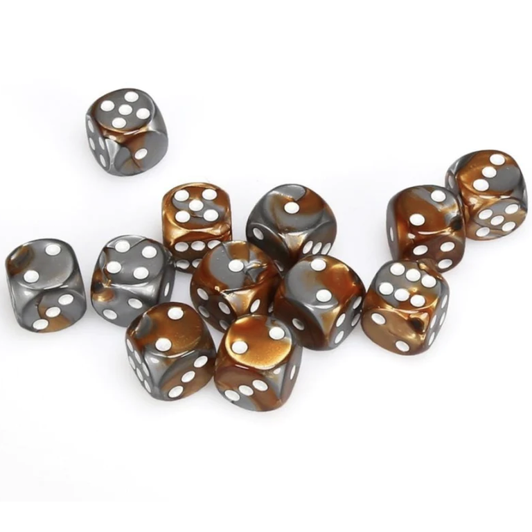 Chessex 12 dés 6 16mm Gemini cuivre/acier avec points blancs