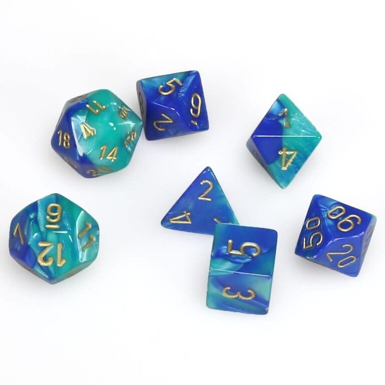Chessex 7 dés polyédriques Gemini bleu/sarcelle avec chiffres or