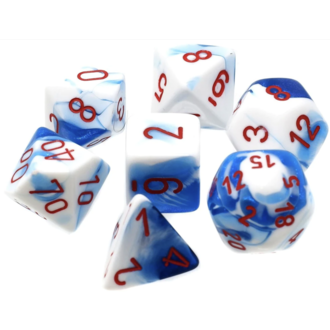 Chessex 7 dés polyédriques Gemini bleu astral/blanc avec chiffres rouges Chessex 7 dés polyédriques Gemini bleu astral/blanc avec chiffres rouges