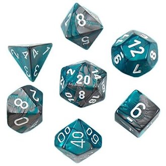 Chessex 7 dés polyédriques Gemini acier/sarcelle avec chiffres blancs