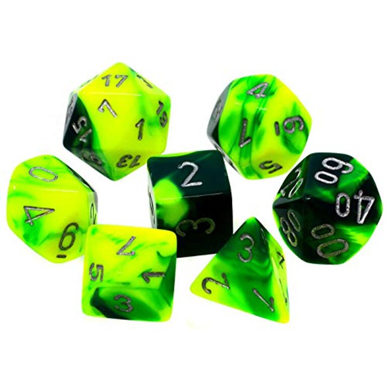 Chessex 7 dés polyédriques Gemini vert/jaune avec chiffres argentés