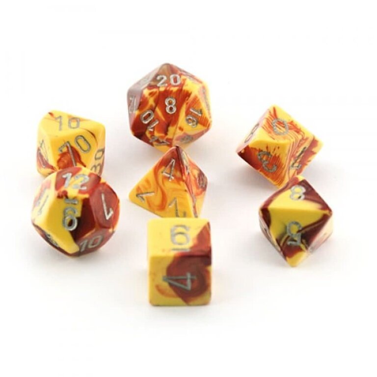 Chessex 7 dés polyédriques Gemini rouge/jaune avec chiffres argentés
