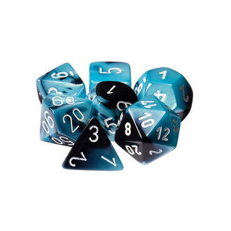 Chessex 7 dés polyédriques Gemini noir/sarcelle nacré avec chiffres blancs