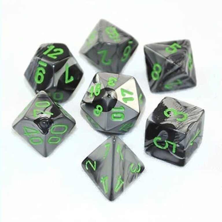 Chessex 7 dés polyédriques Gemini noir/gris avec chiffres verts