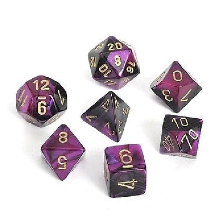 Chessex 7 dés polyédriques Gemini noir/violet avec chiffres dorés