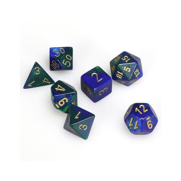 Chessex 7 dés polyédriques Gemini bleu/vert avec chiffres dorés