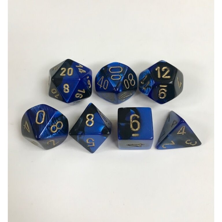 Chessex 7 dés polyédriques Gemini noir/bleu avec chiffres dorés