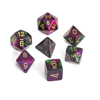 Chessex 7 dés polyédriques Gemini vert/violet avec chiffres dorés