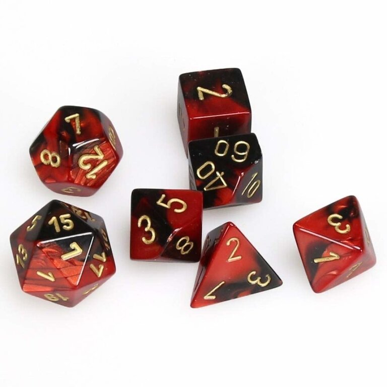 Chessex 7 dés polyédriques Gemini noir/rouge avec chiffres dorés