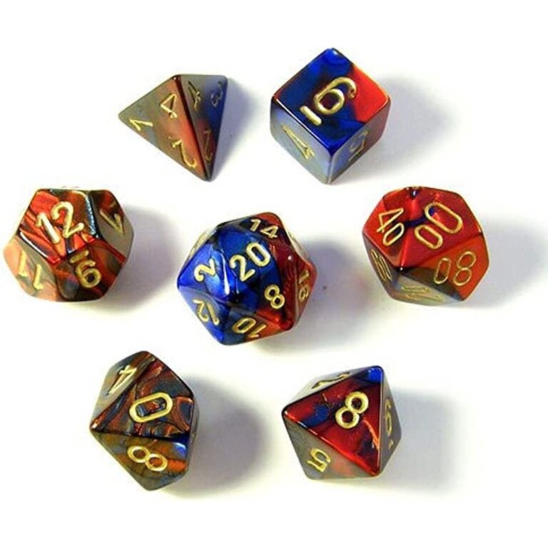 Chessex 7 dés polyédriques Gemini bleu/rouge avec chiffres dorés