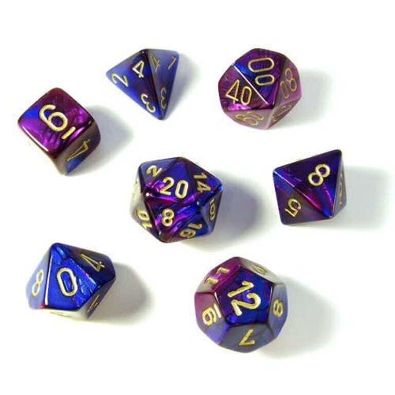 Chessex 7 dés polyédriques Gemini bleu/violet avec chiffres dorés