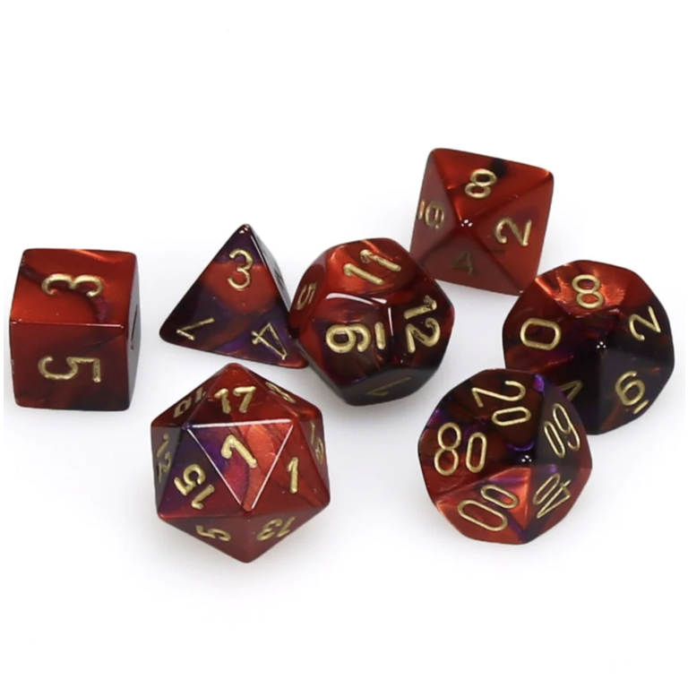 Chessex 7 dés polyédriques Gemini violet/rouge avec chiffres dorés