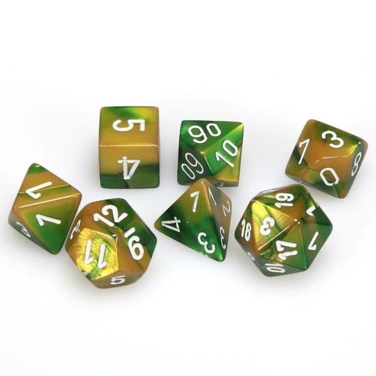 Chessex 7 dés polyédriques Gemini or/vert avec chiffres blancs