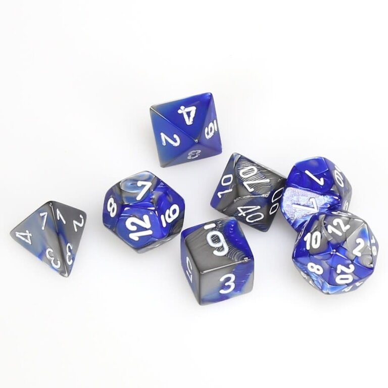 Chessex 7 dés polyédriques Gemini bleu/acier avec chiffres blancs