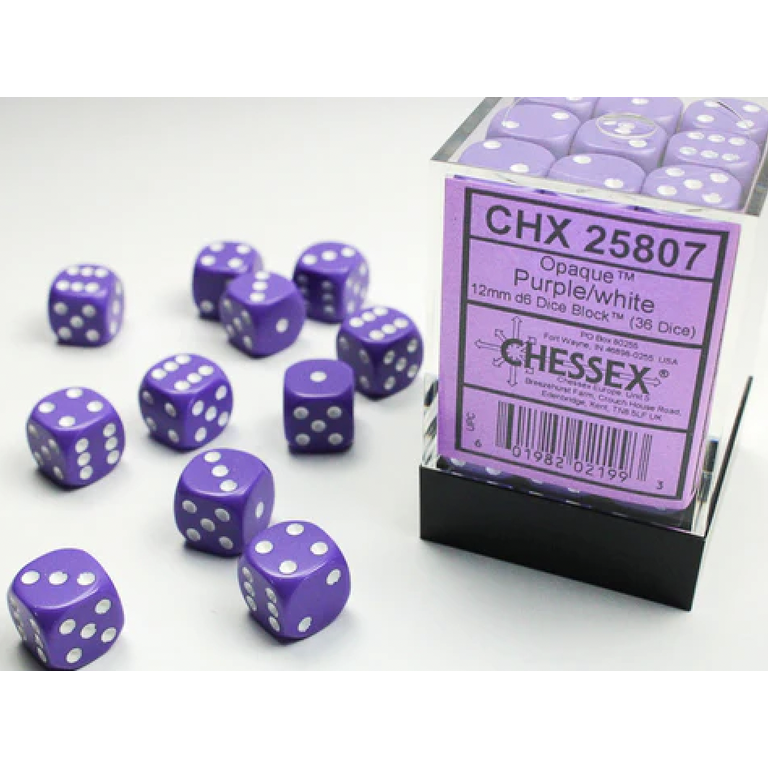 Chessex 36 dés 6 12mm opaques violet avec points blancs