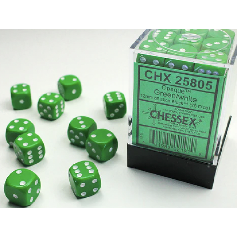 Chessex 36 dés 6 12mm opaques vert avec points blancs