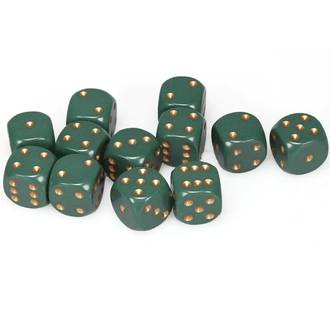 Chessex 12 dés 6 16mm opaques verts foncé avec points cuivrés